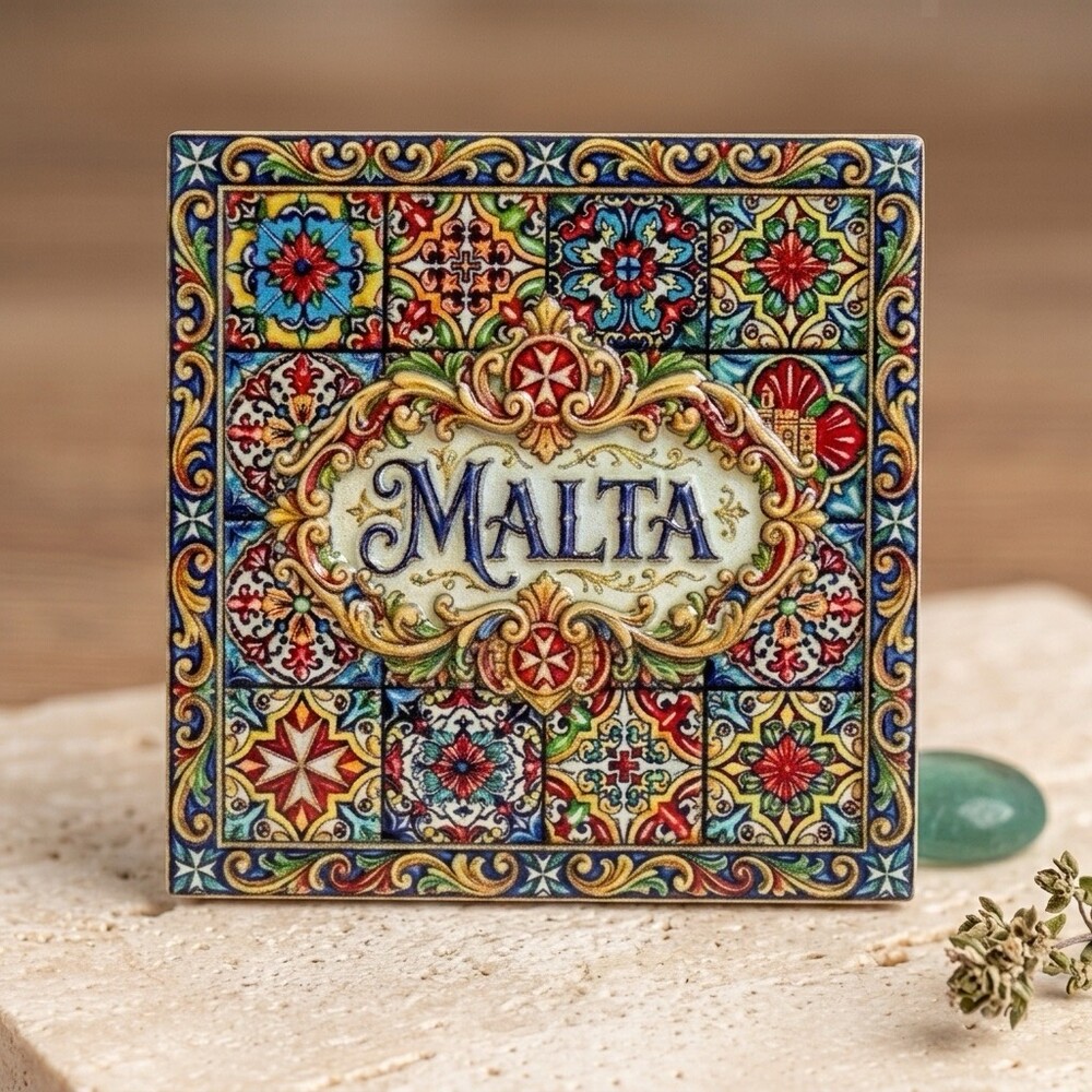 Kühlschrankmagnet Malta – Majolika-Kachel Quadratischer Kühlschrankmagnet im Stil einer maltesischen Majolika-Kachel mit Malta-Schriftzug