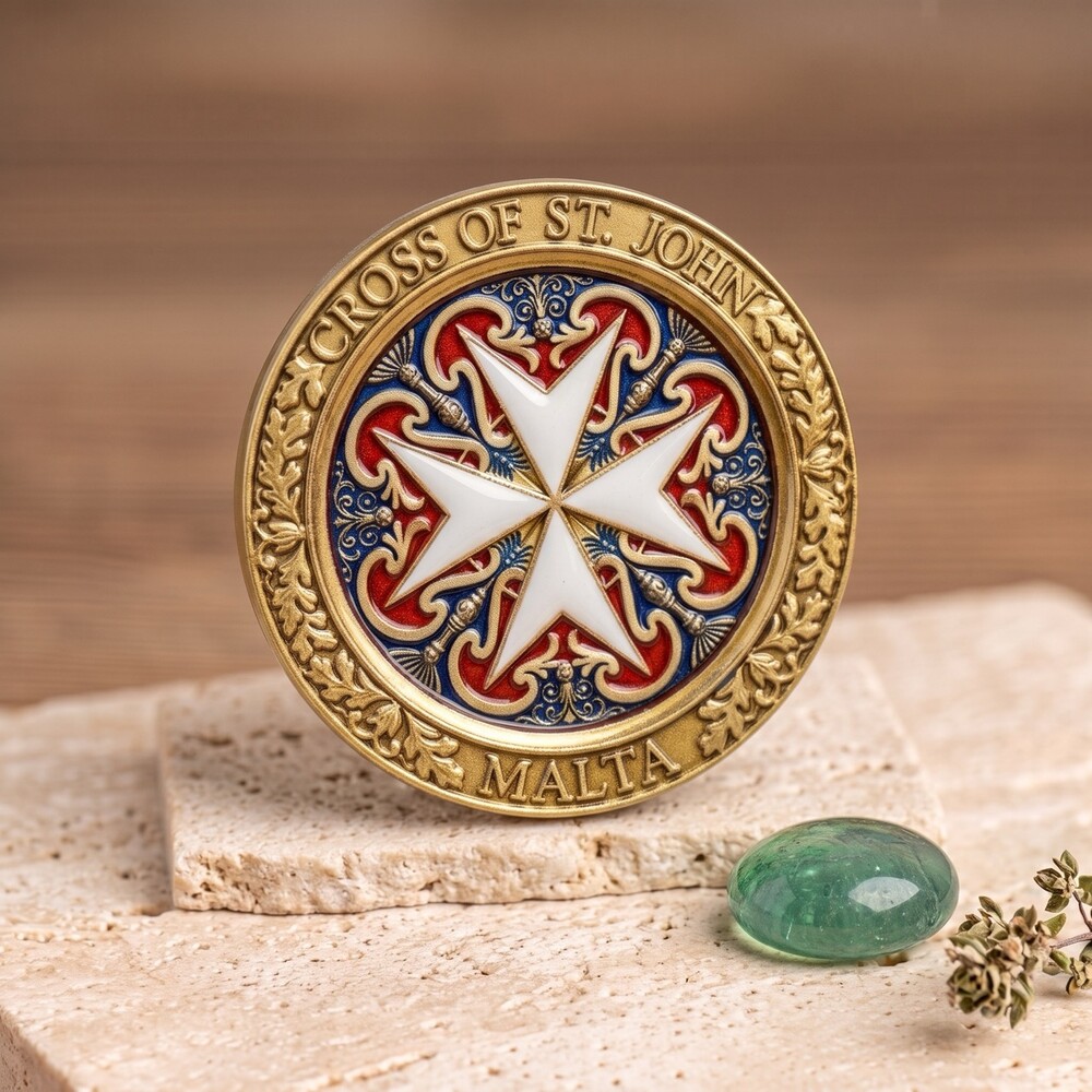 Kühlschrankmagnet Malta – rundes Malteserkreuz Runder Kühlschrankmagnet Malta mit weißem Malteserkreuz und goldenem Rand