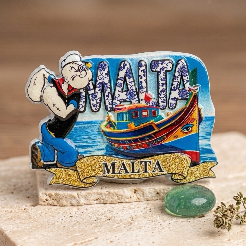 Kühlschrankmagnet Malta – Popeye mit Luzzu Geformter Kühlschrankmagnet Malta mit Popeye-Figur und buntem Luzzu-Boot